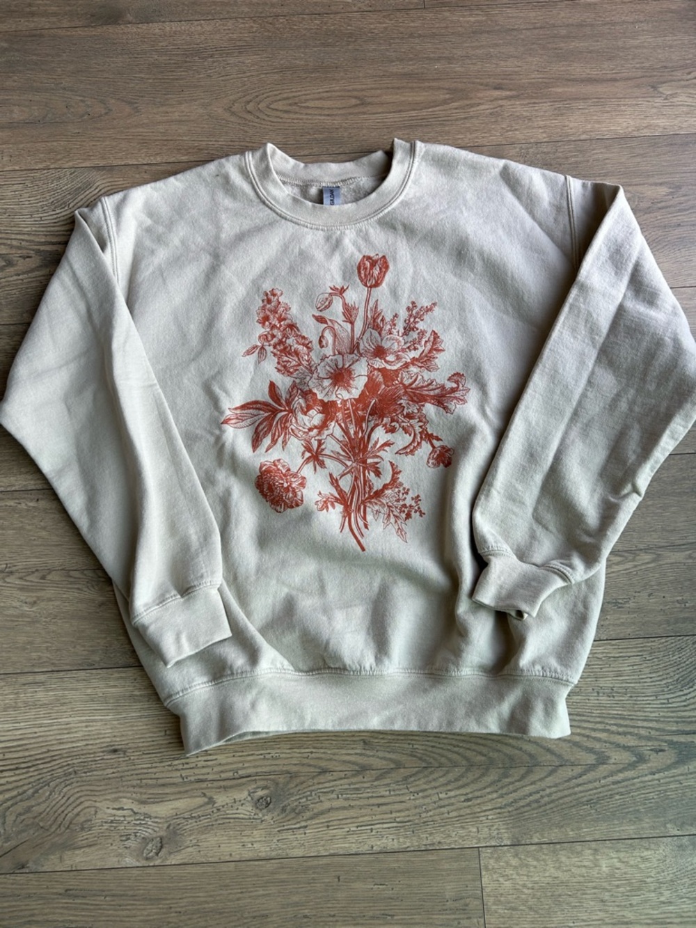 Gildan Tan Crewneck Sweatshirt with Rust Floral Print